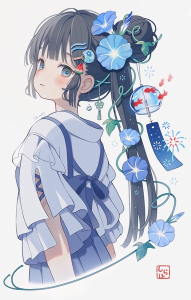 Anime picture 2820x4427 with original shiraho (color-56) single long hair tall image looking at viewer highres blue eyes simple background white background payot upper body ponytail hair flower hair bun (hair buns) girl flower (flowers) bobby pin wind chime morning glory