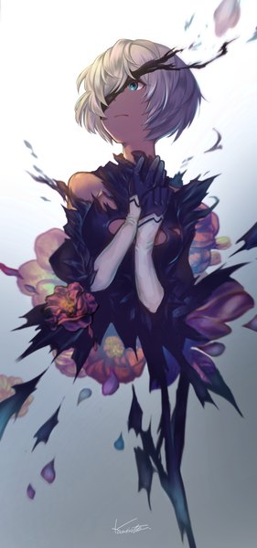 Anime picture 2172x4627 with nier nier:automata yorha no. 2 type b karinto yamada single tall image highres short hair simple background bare shoulders signed looking away silver hair upper body aqua eyes gradient background girl gloves flower (flowers) eyepatch