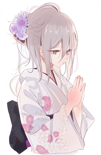 Anime picture 1145x1756 with original shirousa single long hair tall image fringe simple background hair between eyes white background payot upper body traditional clothes japanese clothes hair flower grey hair wide sleeves grey eyes floral print looking down hands clasped