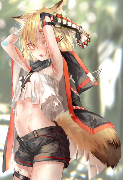 Anime picture 3000x4400 with arknights vermeil (arknights) pottsness single tall image looking at viewer blush fringe highres short hair open mouth light erotic blonde hair hair between eyes standing animal ears ahoge outdoors tail animal tail