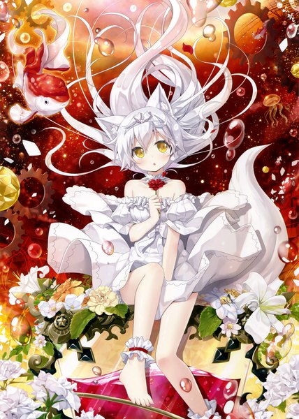 Anime picture 2354x3300 with original eshi 100-nin ten yano mitsuki single long hair tall image looking at viewer blush highres open mouth animal ears yellow eyes white hair barefoot scan official art bare legs girl dress flower (flowers)