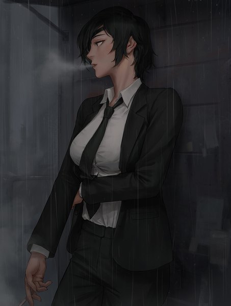Anime picture 1056x1400 with chainsaw man mappa himeno (chainsaw man) nuker (nukerdraws) single tall image fringe short hair black hair standing holding looking away outdoors long sleeves profile black eyes open clothes smoke rain smoking