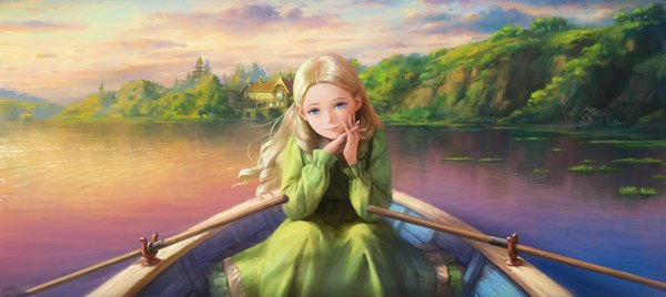 Anime picture 1920x860 with omoide no marnie studio ghibli marnie arata yokoyama single long hair looking at viewer highres blue eyes blonde hair wide image sitting outdoors landscape scenic revision interlocked fingers lake girl dress