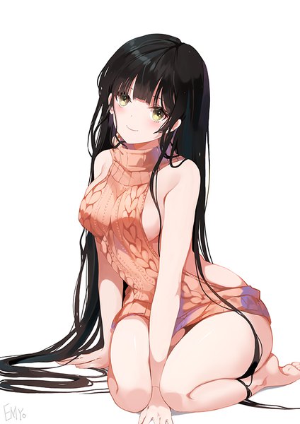 Anime picture 650x919 with original emyo single tall image looking at viewer blush fringe light erotic black hair simple background smile white background sitting bare shoulders signed yellow eyes very long hair barefoot no bra sideboob
