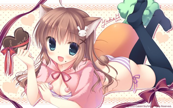 Anime picture 1680x1050 with original yukie (peach candy) long hair blush open mouth blue eyes light erotic brown hair wide image animal ears lying cat ears teeth fang (fangs) legs on stomach valentine girl thighhighs underwear