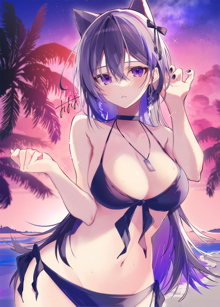 Anime picture 900x1256 with original oshio (dayo) single long hair tall image looking at viewer fringe breasts light erotic hair between eyes large breasts standing purple eyes signed animal ears sky cleavage purple hair outdoors nail polish