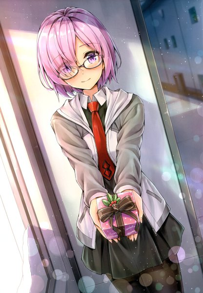 Anime picture 4821x6953 with fate (series) fate/grand order mash kyrielight kotatsu (kotatsu358) single tall image looking at viewer blush fringe highres short hair standing purple eyes holding pink hair absurdres light smile scan hair over one eye open jacket