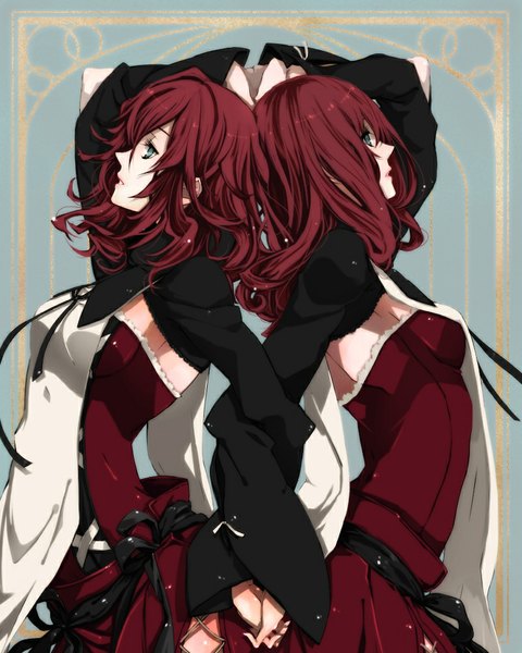 Anime picture 800x1000 with nier popola devola kmikan long hair tall image fringe breasts standing multiple girls holding green eyes looking away red hair lips back to back girl dress ribbon (ribbons) 2 girls