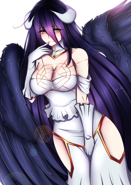 Anime picture 868x1228 with overlord (maruyama) madhouse albedo (overlord) kuro kitsune single tall image fringe breasts light erotic simple background hair between eyes large breasts white background yellow eyes cleavage purple hair very long hair horn (horns) finger to mouth black wings