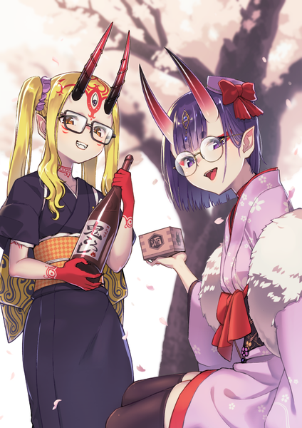 Anime picture 848x1200 with fate (series) fate/grand order shuten douji (fate) ibaraki douji (fate) saruchitan long hair tall image blush fringe short hair open mouth blonde hair smile standing sitting twintails purple eyes multiple girls holding yellow eyes