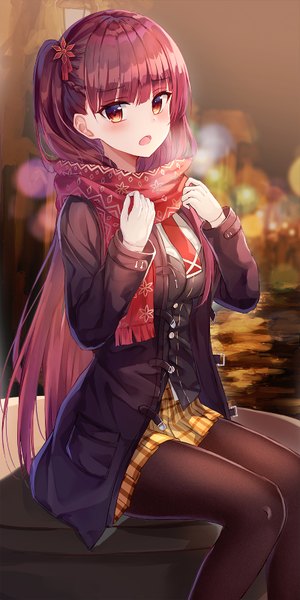 Anime picture 800x1600 with girls frontline wa2000 (girls frontline) lkeris single long hair tall image looking at viewer blush fringe breasts open mouth red eyes sitting red hair blunt bangs braid (braids) long sleeves pleated skirt hair flower blurry