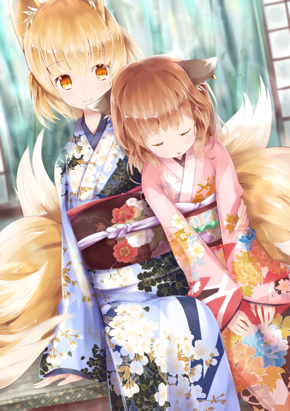 Anime picture 1984x2806 with touhou yakumo ran chen japa tall image highres short hair blonde hair brown hair multiple girls animal ears tail eyes closed traditional clothes japanese clothes animal tail cat ears cat girl orange eyes fox ears