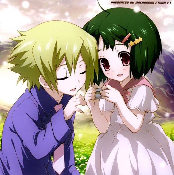 Anime picture 5198x5220 with macross macross frontier ranka lee brera sterne tall image blush highres blonde hair red eyes holding absurdres eyes closed green hair couple mountain landscape dress boy hair ornament plant (plants)