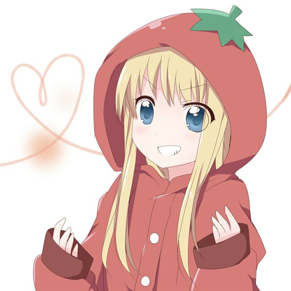 Anime picture 1000x1000 with yuru yuri doga kobo toshinou kyouko mishima kurone single long hair blue eyes blonde hair simple background smile heart of string girl heart hood pajamas tomato