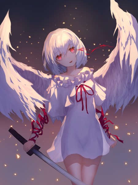 Anime picture 3000x4000 with original doroshi single tall image looking at viewer fringe highres short hair hair between eyes red eyes standing holding white hair angel wings girl dress ribbon (ribbons) weapon sword wings