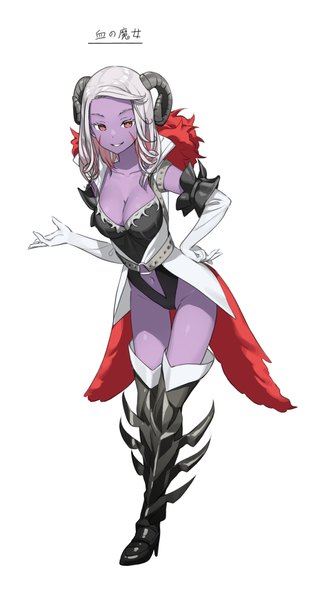 Anime picture 2024x3761 with sasaki to p-chan blood witch (sasaki to p-chan) kantoku single long hair tall image looking at viewer highres breasts light erotic smile red eyes large breasts standing full body white hair multicolored hair horn (horns) official art leaning