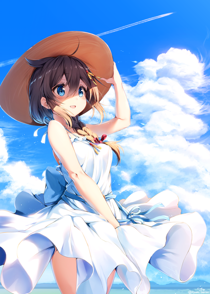 Anime picture 1488x2088 with kantai collection shigure destroyer nyum single long hair tall image blush fringe breasts blue eyes hair between eyes brown hair standing bare shoulders looking away sky ahoge outdoors braid (braids) arm up