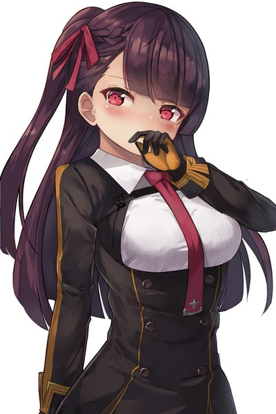 Anime picture 1000x1500 with girls frontline wa2000 (girls frontline) motokonut single long hair tall image looking at viewer blush fringe breasts simple background red eyes standing white background purple hair upper body blunt bangs braid (braids) long sleeves one side up