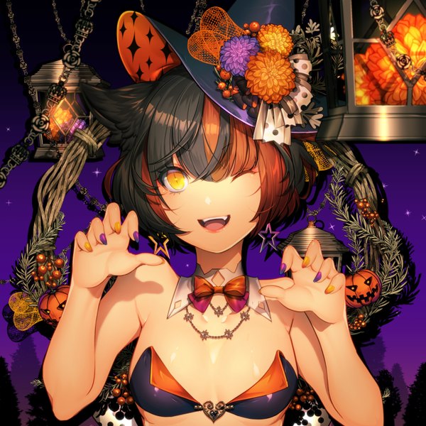 Anime picture 1300x1300 with original domco single looking at viewer fringe short hair breasts open mouth light erotic black hair hair between eyes animal ears cleavage nail polish one eye closed multicolored hair wink cat ears orange hair two-tone hair