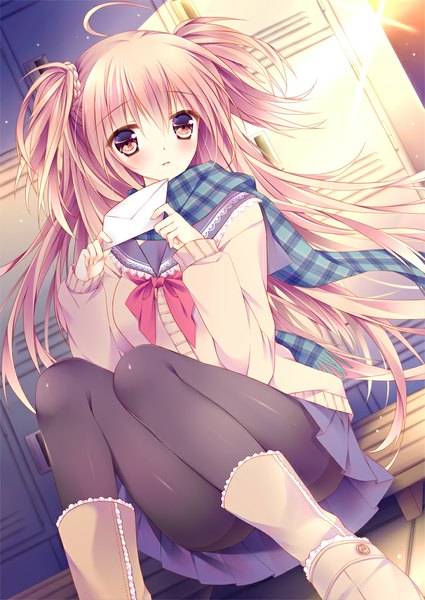 Anime-Bild 724x1023 mit original moe2013 sorai shin'ya single long hair tall image blush light erotic blonde hair sitting brown eyes ahoge two side up girl uniform school uniform pantyhose boots black pantyhose scarf