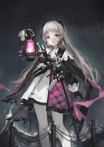 Anime picture 2480x3508 with arknights irene (arknights) chenmu sora single long hair tall image looking at viewer highres holding horn (horns) grey hair grey eyes rain girl dress gloves pantyhose black gloves lantern white pantyhose