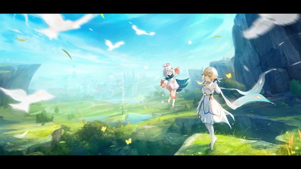 Anime picture 5598x3150 with genshin impact lumine (genshin impact) paimon (genshin impact) anna (drw01) highres short hair blonde hair wide image standing multiple girls absurdres sky silver hair full body outdoors wind letterboxed flying girl dress