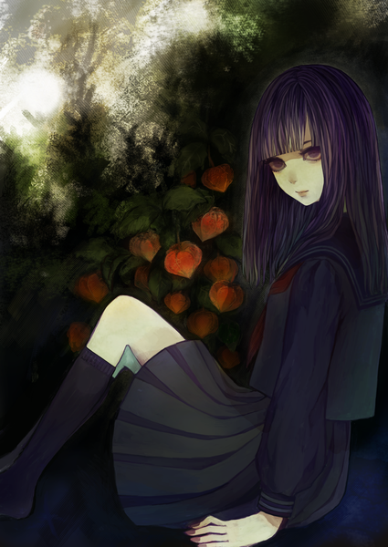 Anime picture 860x1214 with original maiko (mamama11) single long hair tall image fringe sitting purple hair pleated skirt black eyes no shoes girl skirt uniform plant (plants) school uniform socks serafuku black socks