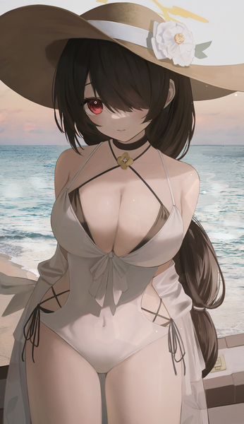 Anime picture 1617x2803 with blue archive hinata (blue archive) hinata (swimsuit) (blue archive) flippy (cripine111) single long hair tall image looking at viewer fringe breasts light erotic black hair red eyes large breasts standing sky cleavage outdoors braid (braids) hair over one eye