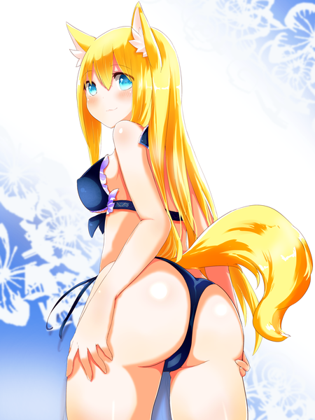 Anime picture 2500x3333 with original naomi (sekai no hate no kissaten) single long hair tall image looking at viewer blush highres blue eyes light erotic blonde hair smile bare shoulders animal ears ass tail animal tail looking back turning head cameltoe