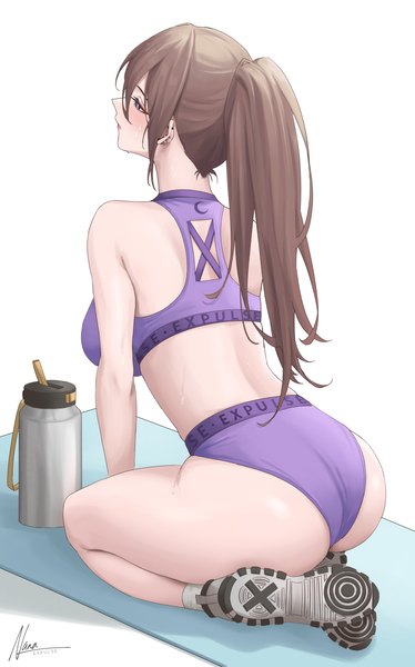 Anime picture 3601x5782 with original nana (kurisustinah) expulse single long hair tall image blush fringe highres breasts blue eyes light erotic simple background hair between eyes brown hair white background sitting bare shoulders signed payot