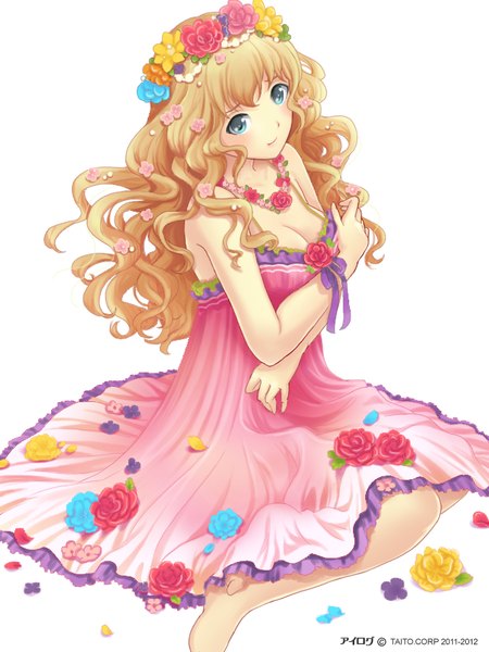 Anime picture 640x853 with ilog iino alice occhan single long hair tall image looking at viewer fringe blue eyes simple background blonde hair smile sitting bare shoulders bent knee (knees) barefoot hair flower bare legs no shoes sleeveless