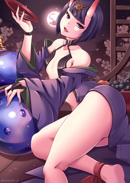 Anime picture 1240x1748 with fate (series) fate/grand order shuten douji (fate) queasy s single tall image looking at viewer fringe short hair breasts open mouth light erotic smile purple eyes bare shoulders holding signed purple hair blunt bangs traditional clothes
