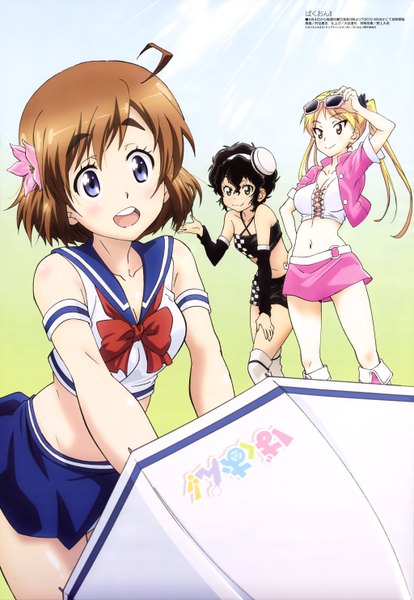 Anime picture 4094x5927 with bakuon!! megami magazine suzunoki rin sakura hane amano onsa long hair tall image looking at viewer highres short hair open mouth blue eyes black hair blonde hair smile brown hair multiple girls brown eyes absurdres official art