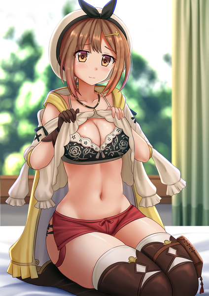 Anime picture 1200x1697 with atelier (series) atelier ryza gust (company) reisalin stout kazenokaze single tall image looking at viewer blush fringe short hair breasts light erotic brown hair sitting brown eyes full body bent knee (knees) indoors bare belly