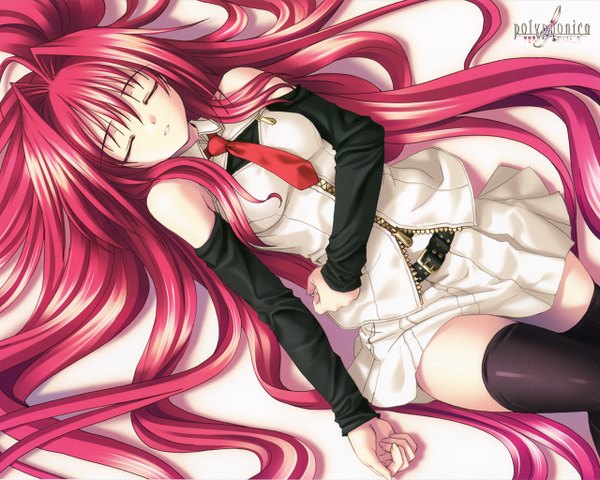 Anime picture 1280x1024 with shinkyoku soukai polyphonica corticarte apa lagranges single fringe simple background hair between eyes white background bare shoulders bent knee (knees) red hair lying eyes closed very long hair parted lips pleated skirt on back zettai ryouiki copyright name girl thighhighs