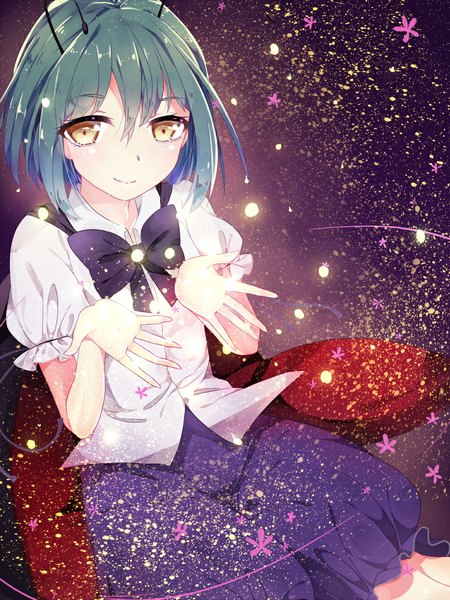 Anime picture 750x1000 with touhou wriggle nightbug hourai ninjin single tall image looking at viewer blush fringe short hair smile hair between eyes brown eyes green hair sparkle puffy sleeves antennae girl shirt white shirt bowtie