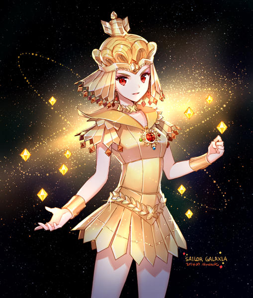 Anime picture 750x884 with bishoujo senshi sailor moon toei animation sailor galaxia nardack single tall image short hair blonde hair red eyes signed parted lips character names drill hair dated space girl hair ornament bracelet armor crystal
