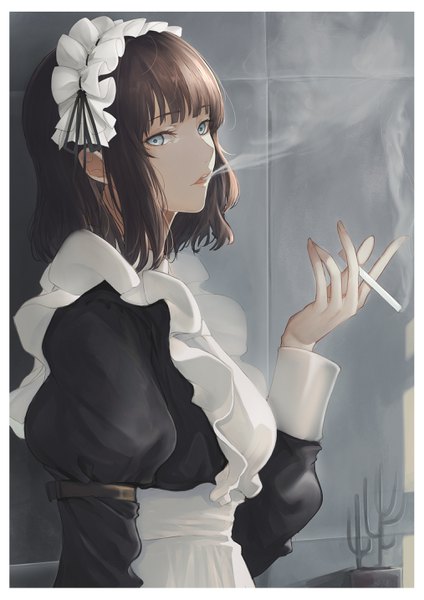 Anime picture 2026x2865 with original marumoru single tall image looking at viewer fringe highres short hair open mouth brown hair standing holding upper body indoors blunt bangs maid grey eyes puffy sleeves border smoke