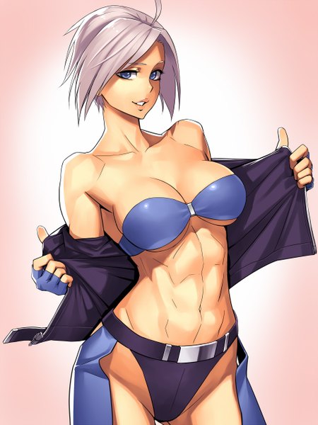 Anime picture 960x1280 with the king of fighters snk angel (kof) ogami single tall image looking at viewer highres short hair breasts blue eyes light erotic large breasts bare shoulders silver hair ahoge open clothes girl gloves navel