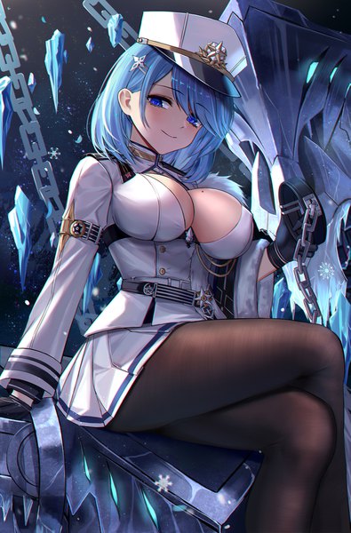 Anime picture 1316x2000 with azur lane chapayev (azur lane) eternity (shadeh) single tall image looking at viewer blush fringe short hair breasts blue eyes light erotic smile large breasts sitting blue hair cleavage bent knee (knees) mole arm support
