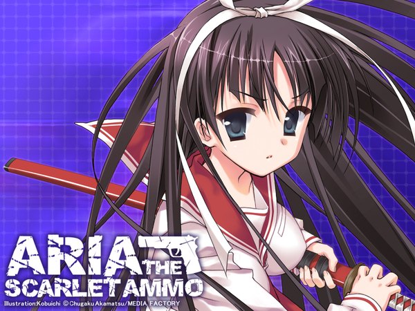 Anime picture 1600x1200 with hidan no aria hotogi shirayuki kobuichi single long hair blue eyes black hair signed inscription ready to draw girl uniform weapon school uniform sword serafuku hairband katana