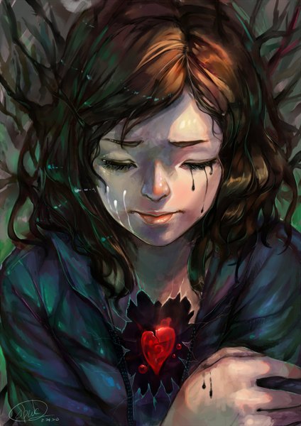 Anime picture 1024x1448 with original xiao-speck single long hair tall image brown hair signed eyes closed tears crying sad crack hand on shoulder girl heart