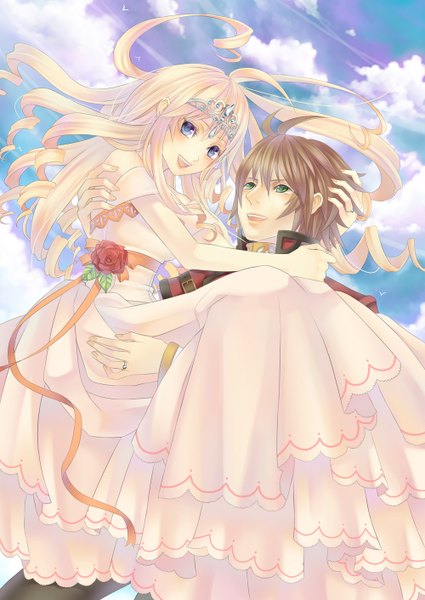 Anime picture 1000x1412 with original falseele long hair tall image blush short hair open mouth blue eyes blonde hair brown hair green eyes sky cloud (clouds) couple carrying princess carry girl dress boy flower (flowers)