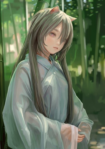 Anime picture 850x1202 with original fkey single long hair tall image blush fringe standing signed animal ears payot looking away upper body outdoors traditional clothes parted lips head tilt japanese clothes pink eyes grey hair