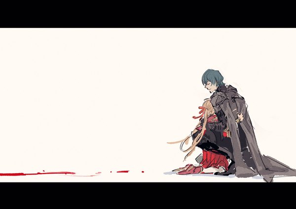 Anime picture 2048x1450 with fire emblem fire emblem: three houses nintendo edelgard von hresvelg byleth (fire emblem) byleth (male) (fire emblem) ogata tomio long hair highres short hair simple background brown hair white background twintails full body eyes closed hug kneeling letterboxed alternate age