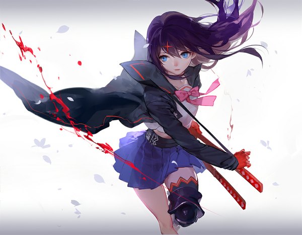 Anime picture 1000x779 with original pixiv fantasia pixiv fantasia fallen kings ask (askzy) single long hair looking at viewer fringe blue eyes standing white background purple hair pleated skirt open clothes open jacket girl thighhighs skirt gloves hair ornament