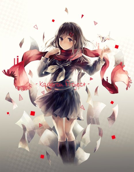 Anime picture 1008x1298 with kagerou project shaft (studio) tateyama ayano teka single long hair tall image looking at viewer brown hair brown eyes wind inscription girl uniform hair ornament socks serafuku hairclip scarf black socks