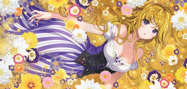 Anime picture 4904x2343 with original nardack single long hair looking at viewer blush fringe highres breasts light erotic blonde hair hair between eyes wide image large breasts purple eyes bare shoulders absurdres parted lips scan off shoulder