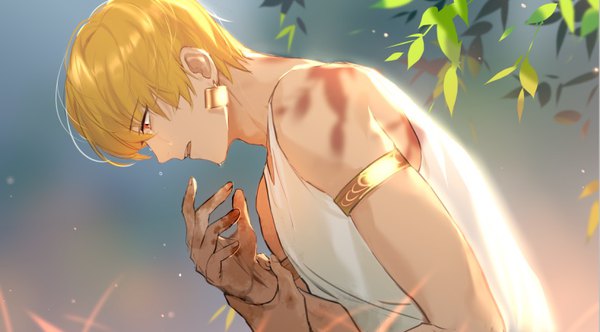 Anime picture 822x455 with fate (series) fate/grand order gilgamesh (fate) rrr (reason) single short hair blonde hair red eyes wide image bare shoulders profile shadow leaning leaning forward tears looking down boy earrings