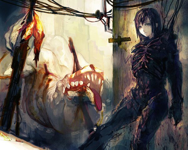 Anime picture 1024x819 with abara original nihei tsutomu single short hair black hair black eyes sad girl tongue blood wire (wires) monster